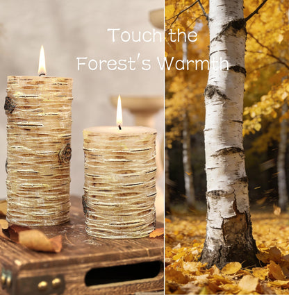 Birch Bark Texture Pillar Candles Set - Real Wax 3 Sizes (4", 5", 6" Tall) Rustic Decor Fireplace Candles, Unscented Woodland Style Pillar Candle for Modern Farmhouse, Dining Table, Holiday Decor