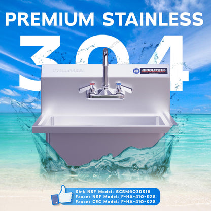 DuraSteel 304 Stainless Steel Wall Mount Sink - Commercial Hand Washing Sink - NSF & CEC Certified with Lead-Free Faucet - For Restaurants, Kitchens, Bars, Restroom
