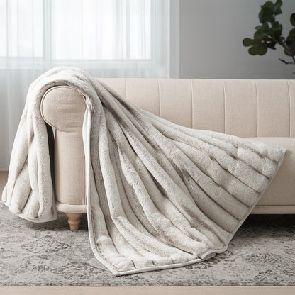 EverGrace Soft Luxury Faux Rabbit Fur Throw Blanket for Couch, Cozy Fluffy Channel Throw Blanket for Bed, Fuzzy Warm Thick Mink Blanket with Reversible Plush Velvet for Winter, Beige, 60"x80", 820GSM