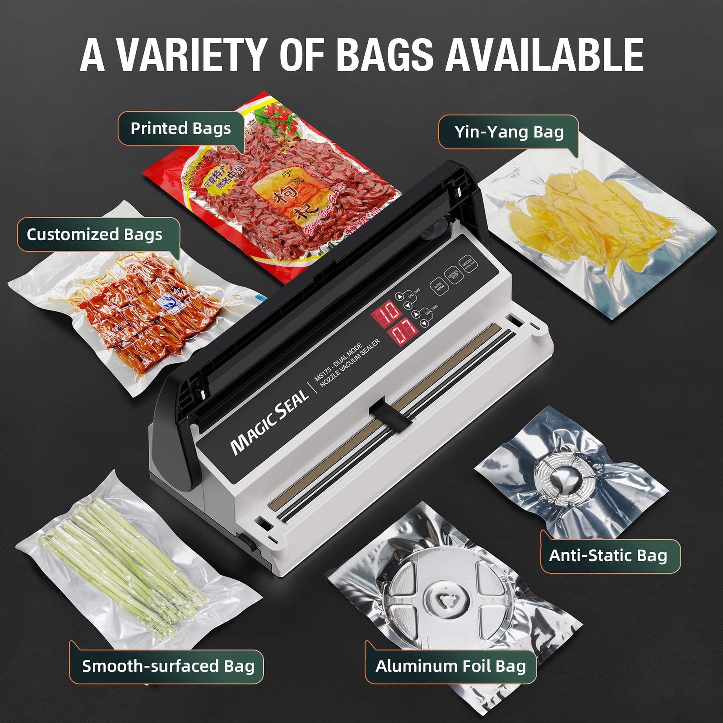 MAGIC SEAL Nozzle Vacuum Sealer Machine for Mylar bags & Smooth Flat Bags - 220W Food Sealer with Adjustable Air & Seal Settings, Auto/Manual Modes (Not for Textured) -MS175