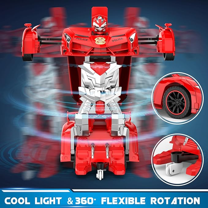 FDJ Transform Remote Control Car Robot One Button Deformation to Robot with Flashing Light 2.4Ghz 1:18 Scale Transforming Police Car Kids Toys with 360 Degree Rotating Drifting Toys for Boys Girls
