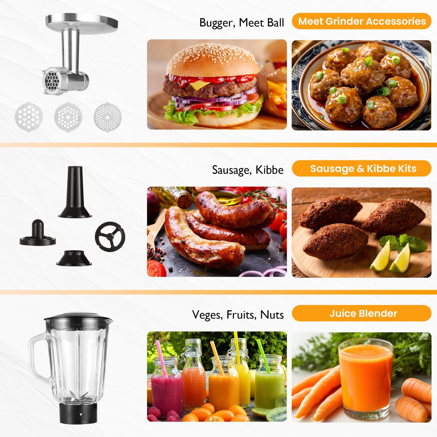 Sunvivi 6-in-1 Multifuctional Stand Mixer, 6.5QT Tilt-Head Dough Mixer, Electric Stand Mixer with Stainless Steel Bowl for Cake, Bread, and Dough, with Meat Grinder, Juice Blender & Pasta Maker