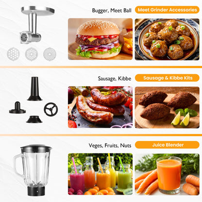 Sunvivi 6-in-1 Multifuctional Stand Mixer, 6.5QT Tilt-Head Dough Mixer, Electric Stand Mixer with Stainless Steel Bowl for Cake, Bread, and Dough, with Meat Grinder, Juice Blender & Pasta Maker