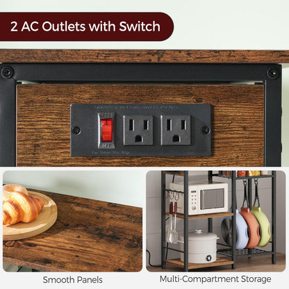 MAHANCRIS Bakers Rack with Power Outlet, Microwave Stand with Adjustable Mesh Rack, Coffee Bar Station, Kitchen Storage Racks with 6 S Hooks, for Kitchen, Dining Room, Rustic Brown and Black BRHR80E01