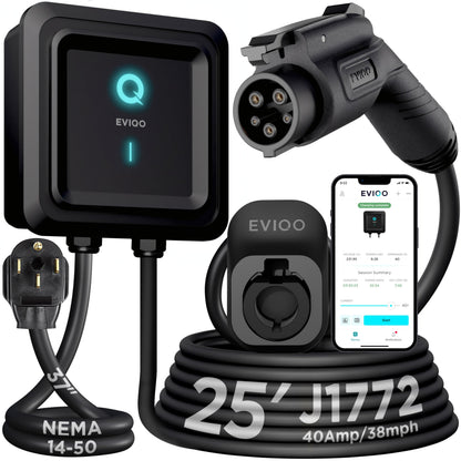 EVIQO Level 2 EV Charger – 48 Amp (11.5 kW) 240V – Wall EV Charger Level 2, NEMA 14-50 Plug/Hardwired, J1772 25' Cable, Enhanced Wi-Fi – UL, Energy Star, ETL Certified EVSE, Car Charging Station GEN 2