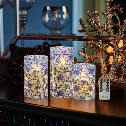 Flickering Flameless Candles Blue and White Porcelain Print, Embedded Star String Lights, Battery Operated Acrylic LED Pillar Candles with 11-Key Remote and Timer for Home Decoration, 3 Pack