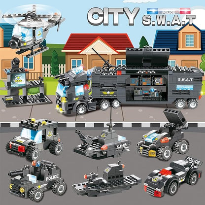 1110 PCS SWAT City Police Set Cop Car Building Set with Helicopter Boat Police Station Mobile Command Center Truck Toys in 25 Different Models Gifts for 6 Plus Year Old Kids Boys