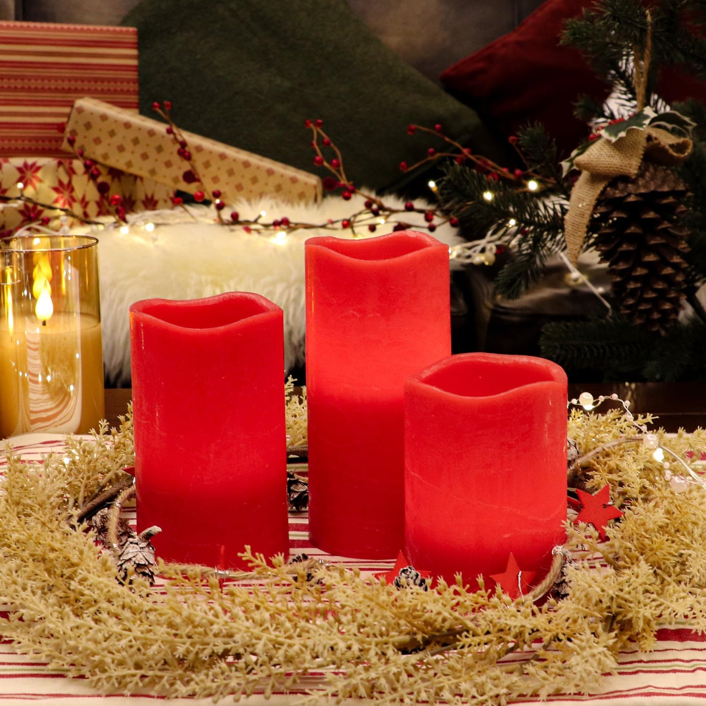 Rhytsing Red Battery Operated Flameless Led Candles with Timer Function, Warm White Flickering Light, Real Wax Finish, 6 Batteries Included - Set of 3