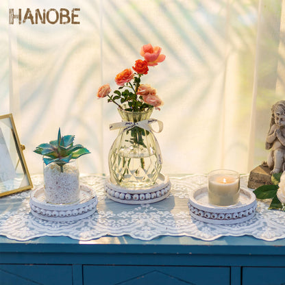 Hanobe Candle Holder for Pillar Candles: Set of 3 Rustic Farmhouse Wooden Candlestick Holders - Whitewashed Candle Stand for Table Centerpieces Fireplace Mantel Home Decor