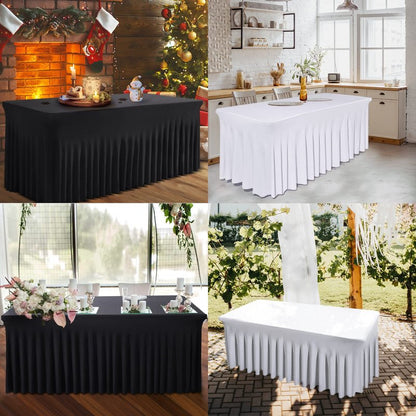 BDDC Table Skirts for Rectangle Tables 6ft - One-Piece Black Tablecloths and Skirt, Wrinkle Resistant Ruffles Elastic Cover for Banquets, Weddings, Events, Parties