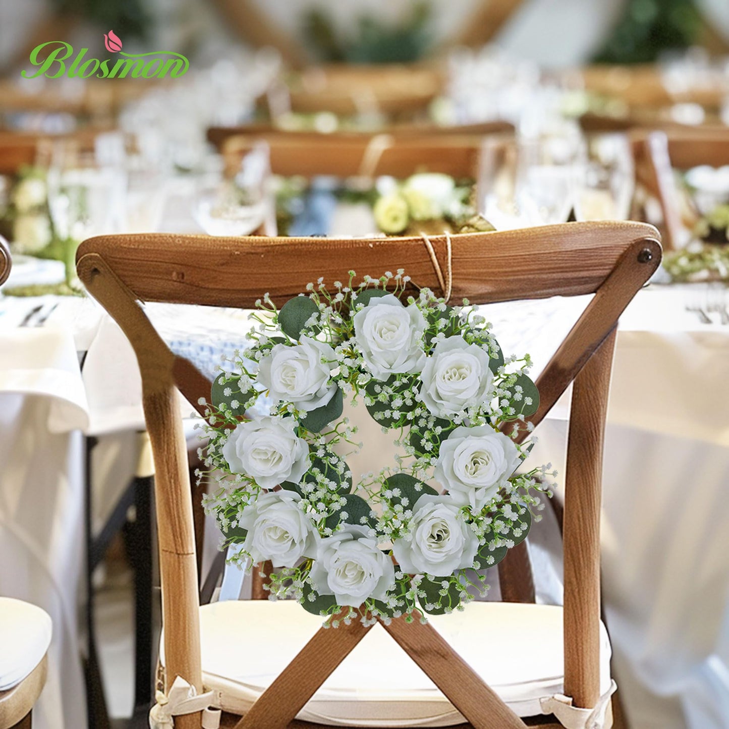 BLOSMON Wedding Flower Rings Centerpiece: 10 Pcs 14 Inch Diam Large Dusty Pink White Rose Babys Breath Fake Flowers Candle Rings Wreaths for Home Party Table Decor Artificial Spring Floral Wreath