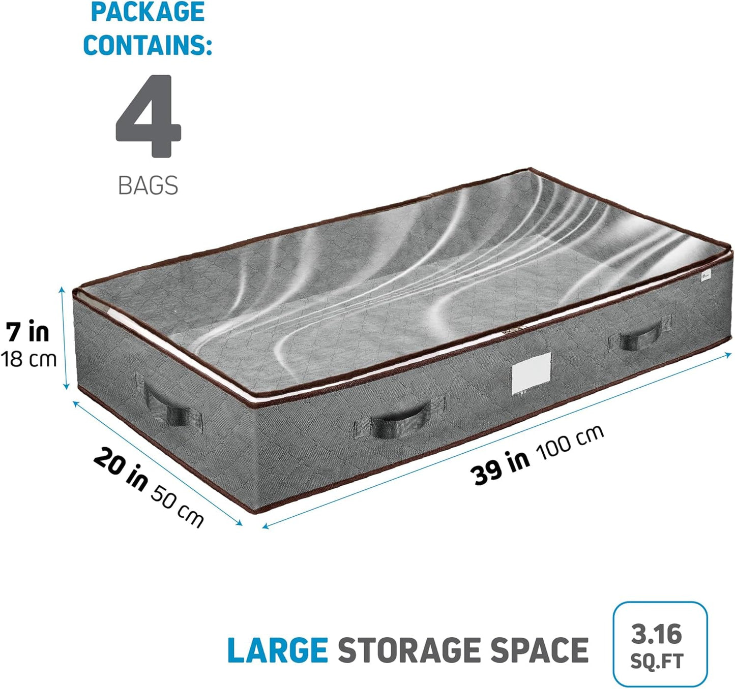 Under Bed Storage Bins - Pack of 4 Durable Containers for Clothes & Shoes | Clear Top & Dual Zippers