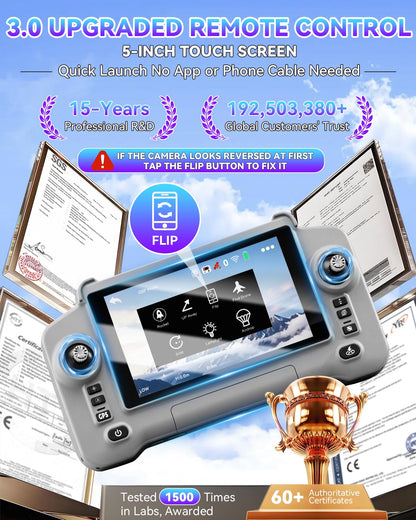 3.0 Upgraded GPS Drone for Adults -【5 Inch Full Touchscreen Controller】【 6K EIS Ultra Clear Camera】60-Min Long Flight Time with 2 Batteries, 10KM Video Transmission, Smart Auto Return, Under 249g