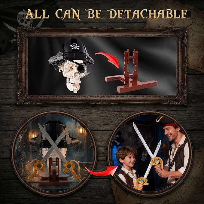 Gothic Pirate Skull Building Set for AdultsHorror Skeleton Head Model with Display Base Cool Unique Ideal Building Block Sets for Home Table Decor (1167 PCS)