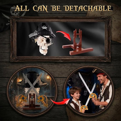 Gothic Pirate Skull Building Set for AdultsHorror Skeleton Head Model with Display Base Cool Unique Ideal Building Block Sets for Home Table Decor (1167 PCS)