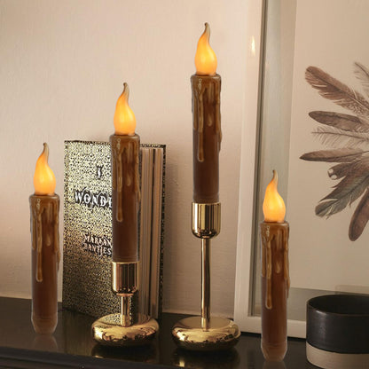 FCMSHAMD Brown Flameless Short Taper Candles, Real Wax Hand Dipped LED Battery Operated with Remote, Flickering Flame Lights for Festival Party Home Décor, 6.7 Inch Primitive Flameless Candles, 4PCS