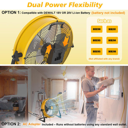 16" Battery Operated Floor Fan Compatible with Dewalt 20V Max Battery, Portable Fan with AC Adapter and USB Output, Metal Industrial High Velocity, Stepless Speed Cordless Fan for Jobsite Camping