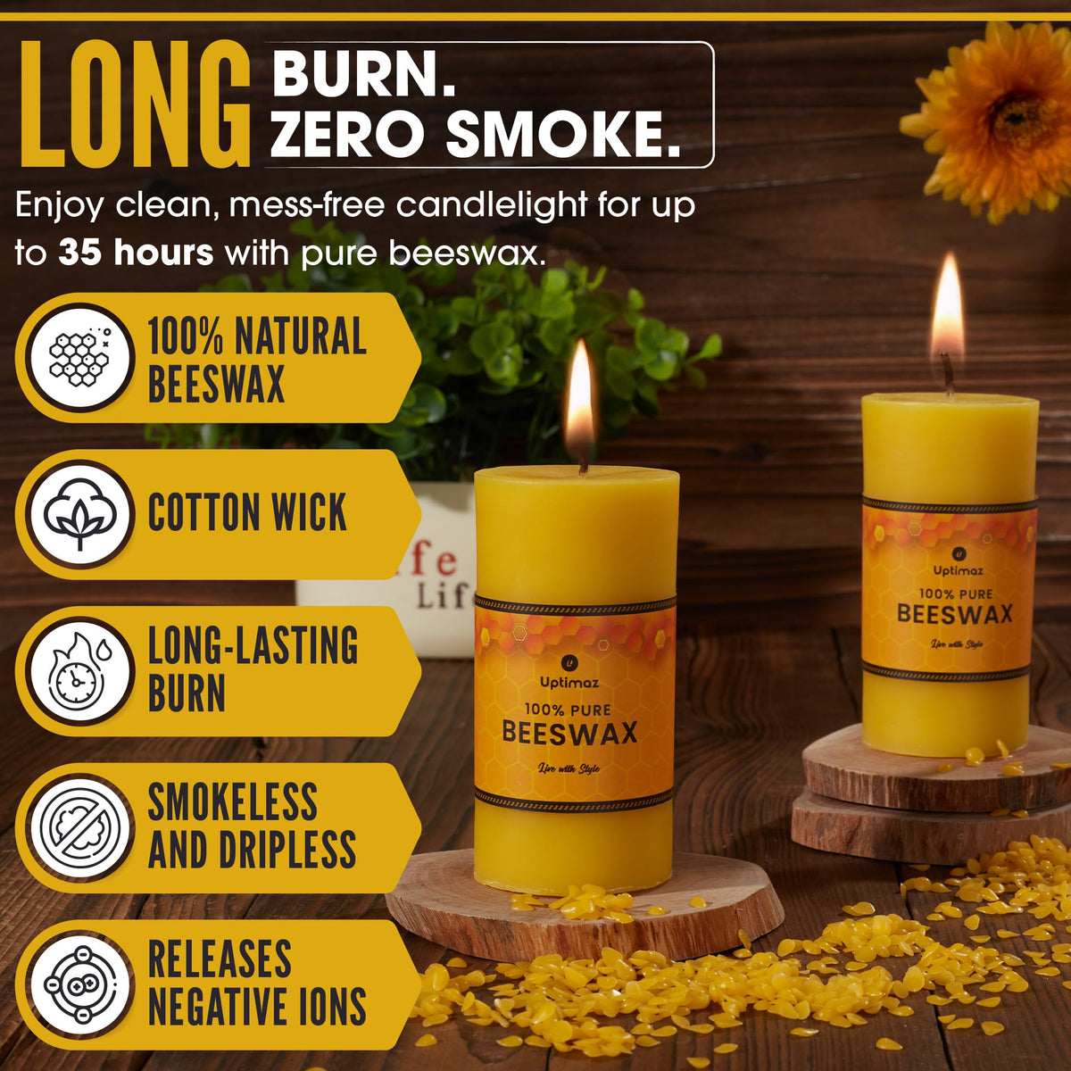 Uptimaz Beeswax Pillar Candles Set of 4, 2x4 Inch, 100% Beeswax Candle with Cotton Wick, Long Burning, Dripless Candle Bees Wax for Home, Décor, Prayer, Emergency