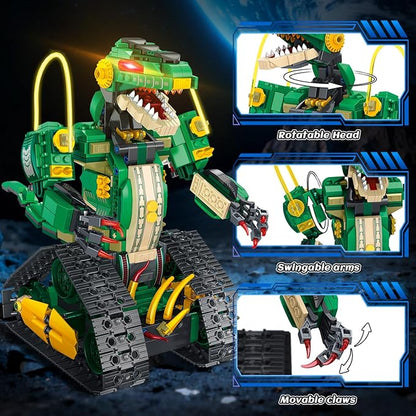 RC Dinosaur Building Toy with Light 5 in 1 Remote Controll Building Block Kit 877 PCS Tech Rechargeable Dinosaur Robot Toys Easter Birthday for Kids Boys Age 8 9 10 11 12+