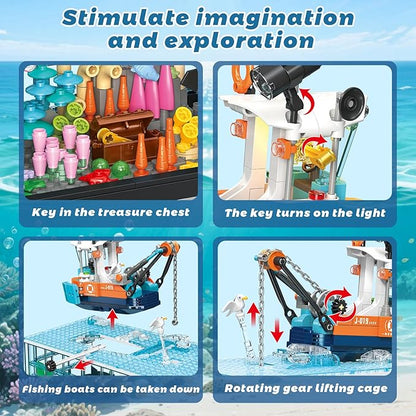 Fish Tank Building Blocks Set Aquarium Building Set with LED Lights Including Ocean Shark Jellyfish Fishing Boat STEM Gift for Kids Boys Girls Age 8-12+ and Adults(830PCS)
