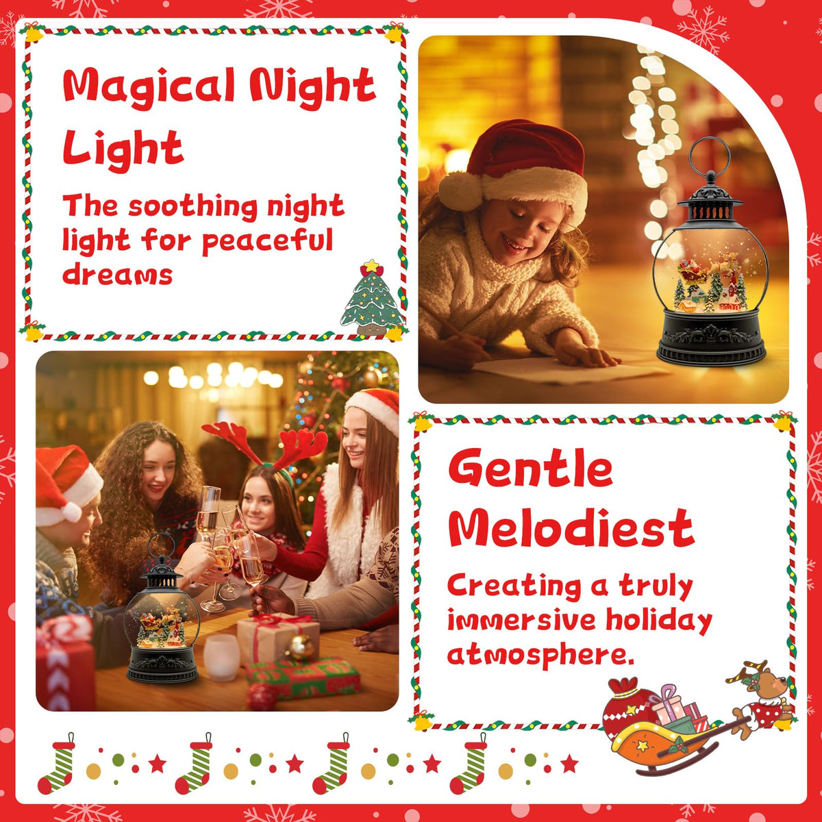 Christmas Snow Globes, Light Up Snow Globe with 6H Music Timer, Auto Snowfall, USB or Battery Powered, Christmas Globe with Santa Snow Globe Scene, Indoor Christmas Decorations for Home, 11.4 Inch