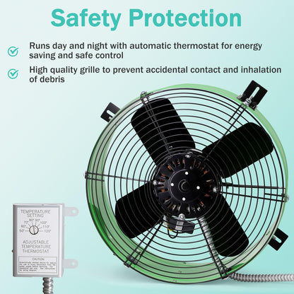 Hipoilk Gable Mount Attic Fan with Adjustable Thermostat, 15 Inch Exhaust Fan for Attic, Garage, Shed, Shop Ventilation, 1650 CFM, 1075 RPM, 2500 SQF Coverage Area