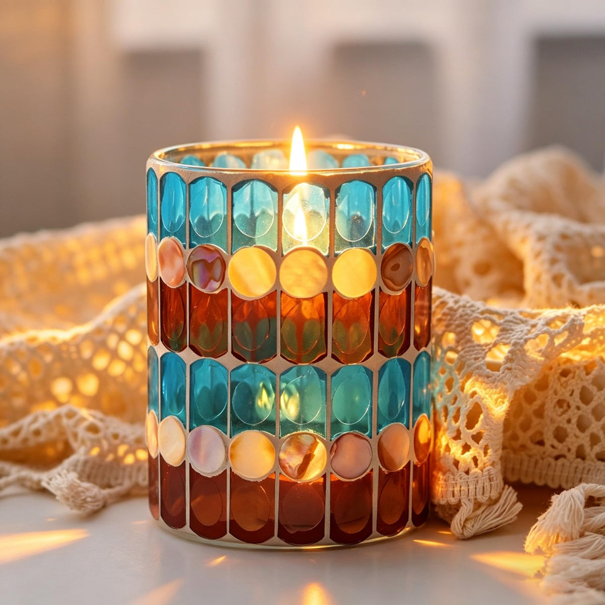Glass Candlestick Romantic Mosaic Broken Candlelight Aromatherapy Candle Cup for Valentine's Day Christmas Thanksgiving Tables Center of Party Decorations(NO Candles)
