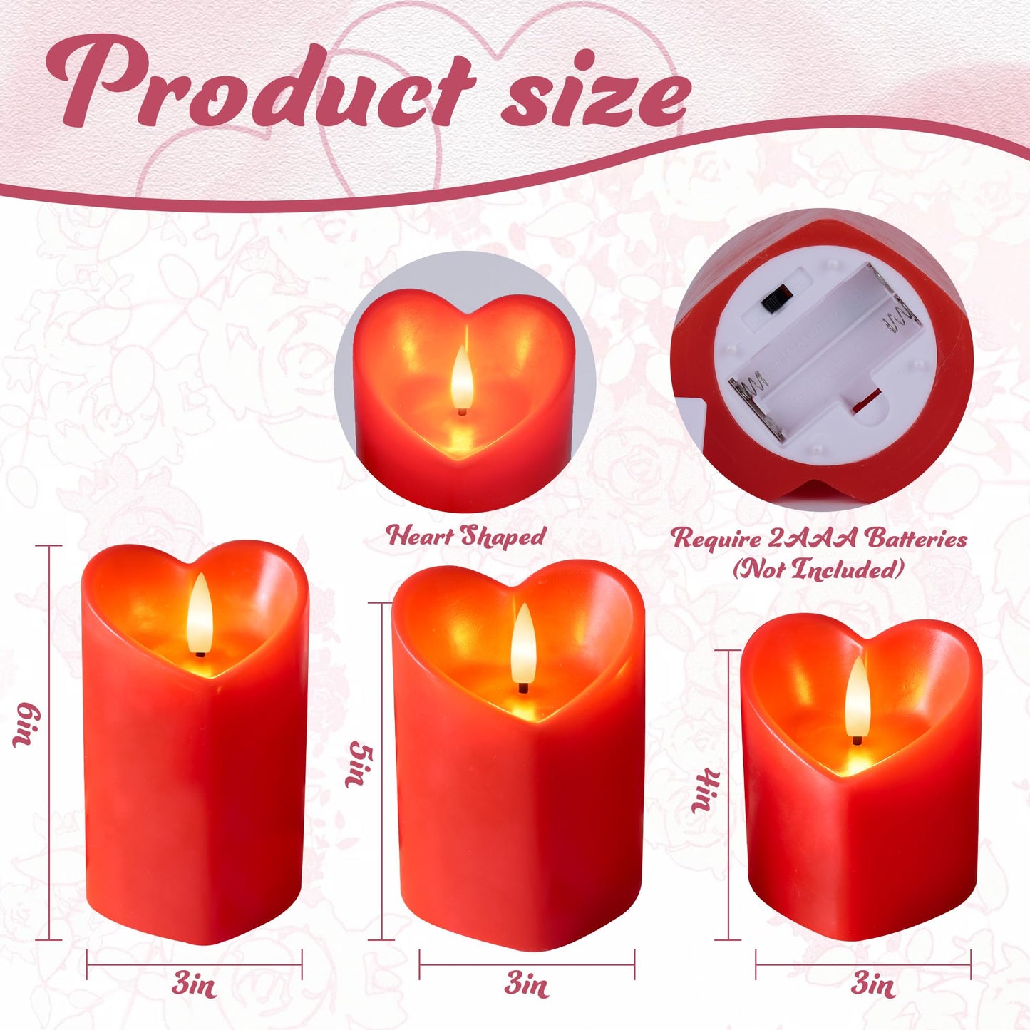 Valentine Day Flameless Pillar Candles with Remote, Real Wax Battery Operated Candles, Heart Shape LED Candle for Romantic Night Valentines Gifts Proposal Anniversary Festival Gift Decor(3 Pack)