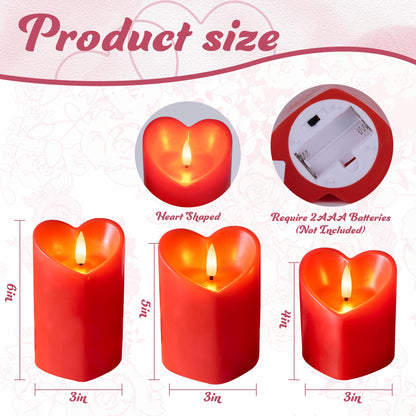 Valentine Day Flameless Pillar Candles with Remote, Real Wax Battery Operated Candles, Heart Shape LED Candle for Romantic Night Valentines Gifts Proposal Anniversary Festival Gift Decor(3 Pack)