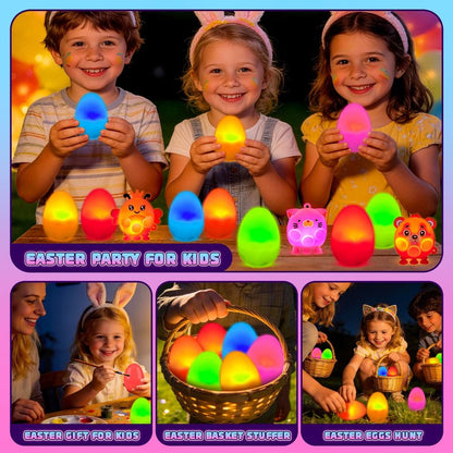 ChildFun Prefilled Easter Eggs with Light Up 3D Animal Pop Toys, 24 Pack Easter Eggs Filled, Easter Basket Stuffers for Toddler Eggs Hunt, Glow in The Dark Easter Egg, Easter Gifts for Kids