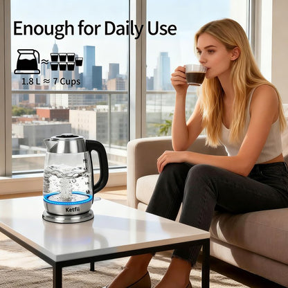 Electric Glass Kettle 1.8L, 1200W Fast Boil for Tea & Coffee, Auto Shut-Off & Boil-Dry Protection, BPA-Free, 304 Stainless Steel & Borosilicate Glass, Removable Lid for Easy Cleaning