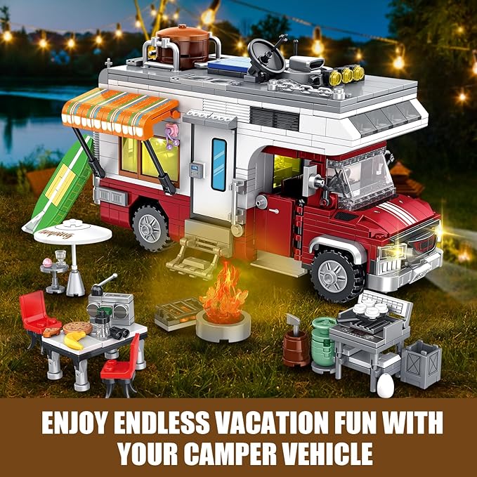 Camper Van Building Set Compatible with Rvs Camper Vehicles Summer Beach Holiday Camping Car Building Toy with Light Gift for Adults and Boys Girls Kids Teens 8-12 (924 PCS)