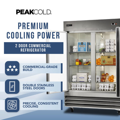 PEAKCOLD Double Door Commercial Refrigerator, 47 Cu. Ft., 54" W Stainless Steel Reach-In Upright Refrigerator, Adjustable Shelves, Auto Defrost, Digital Thermostat, Freestanding Industrial Fridge