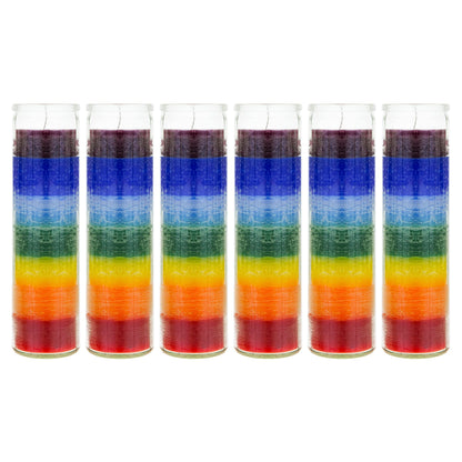 Mega Candles 6 pcs Unscented Multi Color Chakra Glass Devotional Prayer Candles, Hand Poured Premium Wax Candle 2 Inch x 8 Inch, Promotes Positive Energy, Aids Meditation, Relaxation, Spiritual