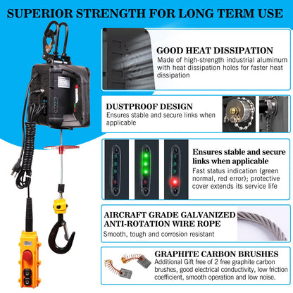 Zoihanx 3-in-1 Electric Hoist Winch,1100lb Portable Electric Winch with Double Hooks,110V Wire and Wireless Remote Control Power Winch Crane for Garage, Warehouses, and Factories