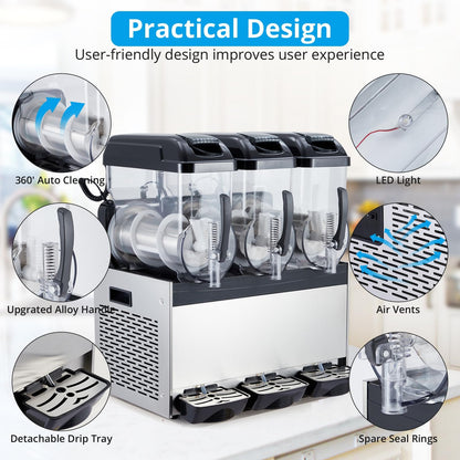 PeacefulHues Commercial Slushy Machine Frozen Drink Machine, Three Tank 12l 860w Stainless Steel, Margarita Wine Slush Smoothies Maker for Restaurant Bar Party
