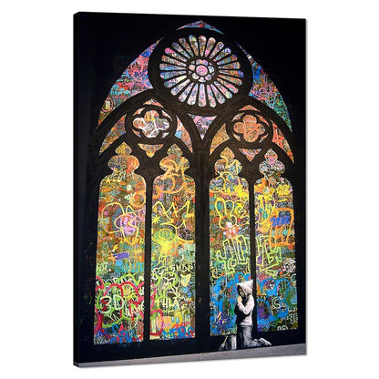 Banksy Wall Art Graffiti Street Painting on Canvas The Boy Praying in Church Prints Pictures for Modern Home Decoration, Framed 36''W x 24''H