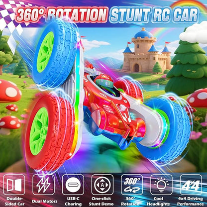 Remote Control Car Kids Toys with Shiny Electroplated Finish RC Cars Stunt Toy with LED Lights 2.4GHz Double-Sided 360° Flips USB-C Fast Charging Perfect Birthday Xmas Gift Boys