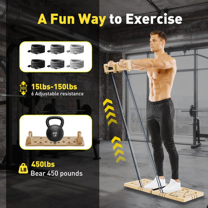 Push Up Board 30 in 1 Foldable with Resistance Bands - Thickened Pine Wood Multi-Push Up Board for Men & Women, Portable Gym/Home Workout Gear for Chest, Shoulders, Arms & Back