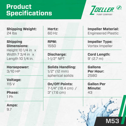 Zoeller - Mighty Mate M53 Sump Pump - 3/10 HP - Cast Iron - LED Power Plug & 9’ Cord - Vortex Impeller - Stainless Steel Hardware - Float Operated - Submersible Sump Pump - 115V