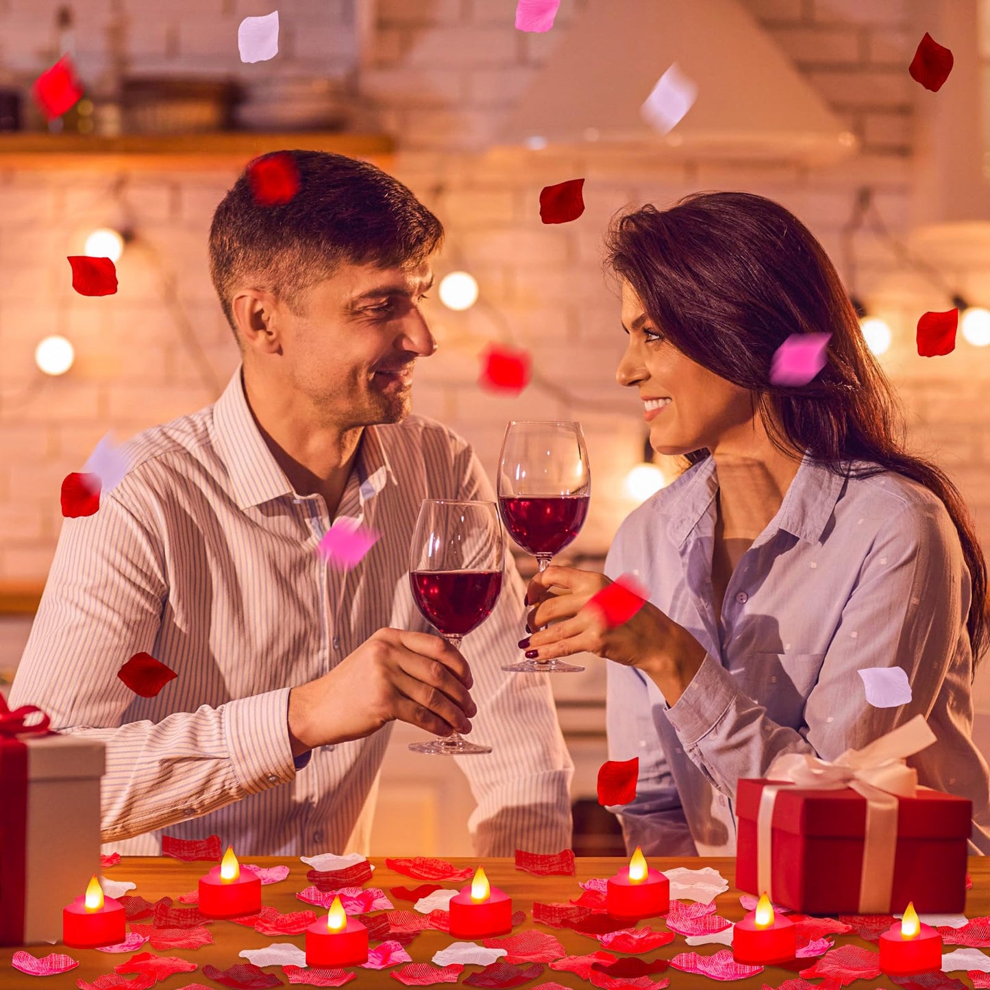Coume 6000 Pieces Artificial Rose Petal 72 Pieces LED Tealights Candle, Romantic Decorations Special Night Rose Petal Heart Candle for Valentines Wedding Anniversary Proposal Decor(Cute Red Light)