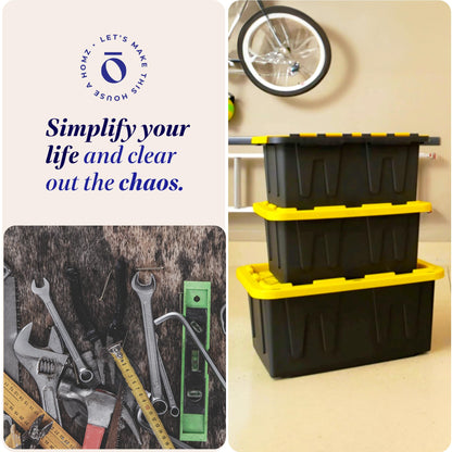 HOMZ 2-Pack Durabilt, Heavy Duty Plastic Storage Bins with Lids, 27 Gallon, Black/Yellow - Stackable Container Boxes for Home, Attic, and Garage Organization