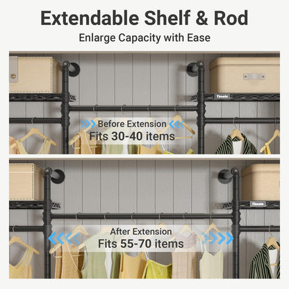 Timate F3 Medium Wall Mounted Clothes rack Expandable Closet, Industrial Pipe Clothing Rack for Hanging Clothes, Heavy Duty Clothes Rack with Shelves, Garment Rack Wall Closet System Black Pipe Closet