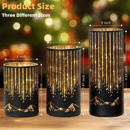 Ashroder Starry Night Elegant Hurricane Candleholders with LED Flickering Lights & Remote Timer, Decorative Glass Hurricanes for Indoor Table Centerpieces & Year-Round Home Decor, Set of 3 (Black)
