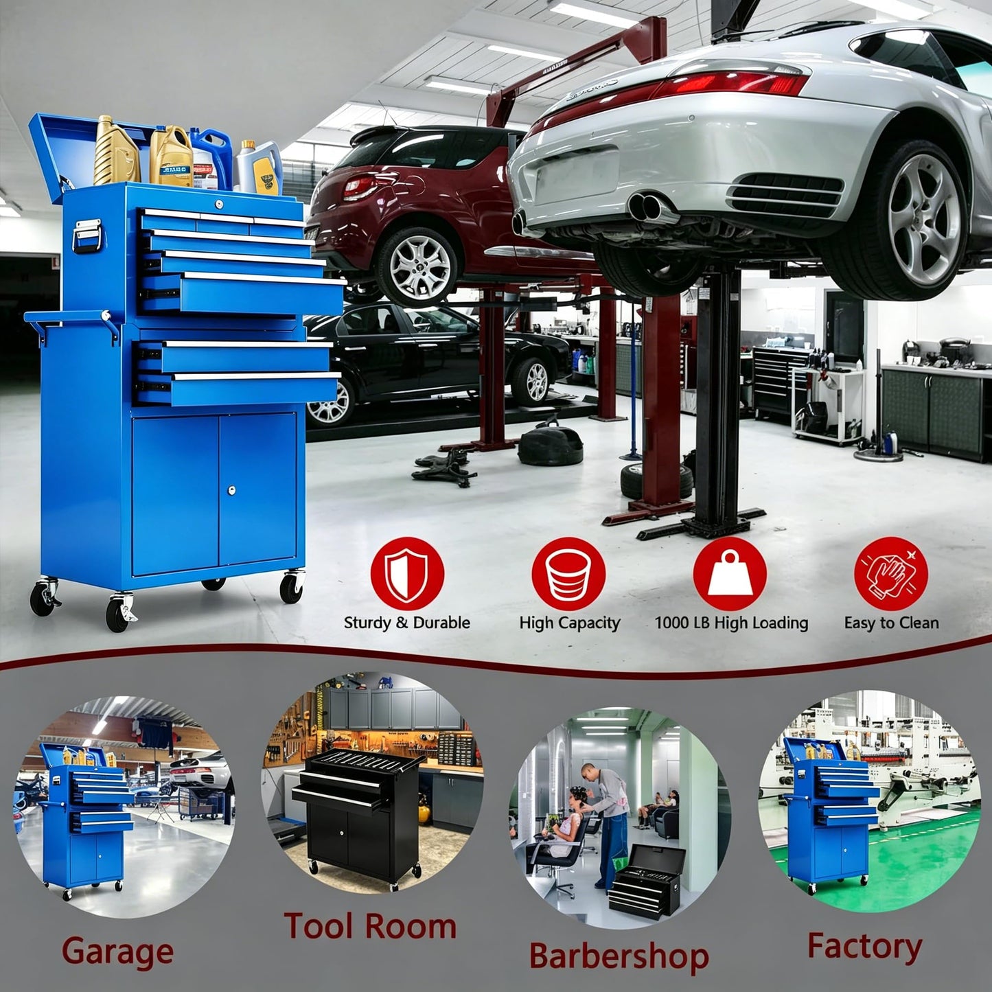 8-Drawer Rolling Tool Chest, 2-in-1 High Capacity Tool Storage with Detachable Top Cabinet, Locking System, Wheels and Liners for Garage, Workshop, Blue