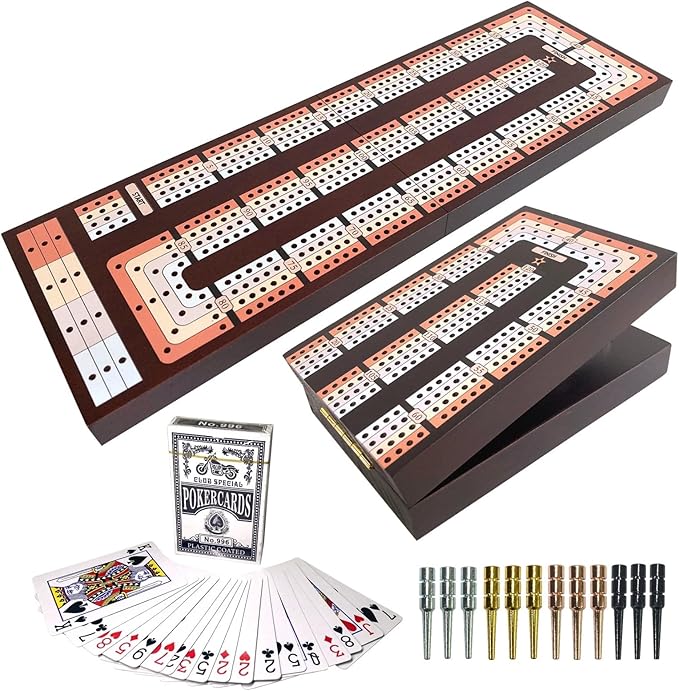 Foldable Cribbage Board Game Set Premium Wooden Foldable Board with Magnetic Lock 12 Metal Pegs Playing Cards with Travel Portable – Continuous 4 Track Board (Dark2)