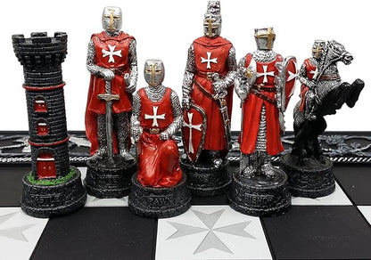 Medieval Times Crusades Red and Blue Armored Maltese Knights Chess Set with 17 Board