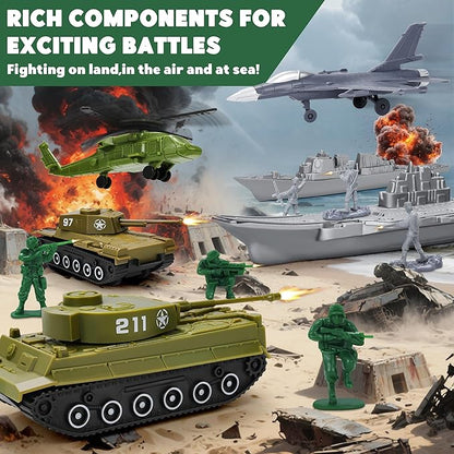 Army Men Playset – 117 Pcs Military Toy Soldiers Set with Action Figures Battle Mat Tanks Helicopter Submarine &amp Weapon Gear – Army Toys for Boys Ages 4-12 Great Gift for Kids
