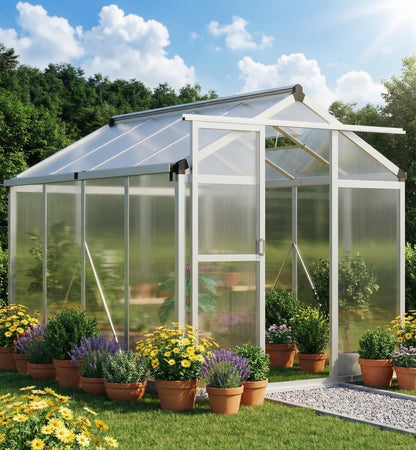 GAOMON 6 x 8 ft Greenhouse for Outdoor with Sliding Door, Green House with Polycarbonate Panel & Ajustable Roof Vent & Ground Nails, Walk-in Aluminum Greenhouses for Garden, Patio