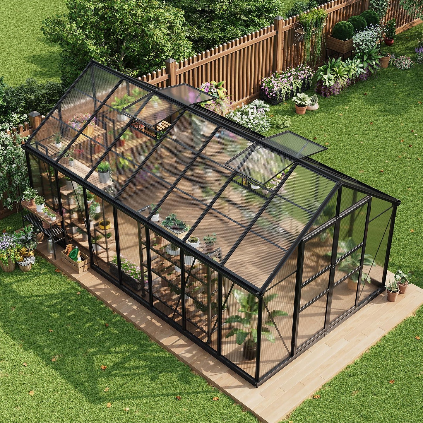 8×14 FT Outdoor Aluminum Polycarbonate Greenhouse, Easy Assembly Walk-in Greenhouse with Roof Vent & Lockable Hinged Door, Large Heavy Duty Greenhouse for Patio, Backyard, Garden, Sunroom, Black